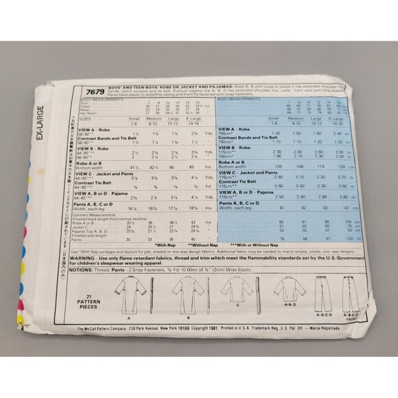 McCalls Pattern Boys Teen Boy Robe or Jacket Pajamas Size B X-Large 7679 UNCUT - Picture 3 of 3